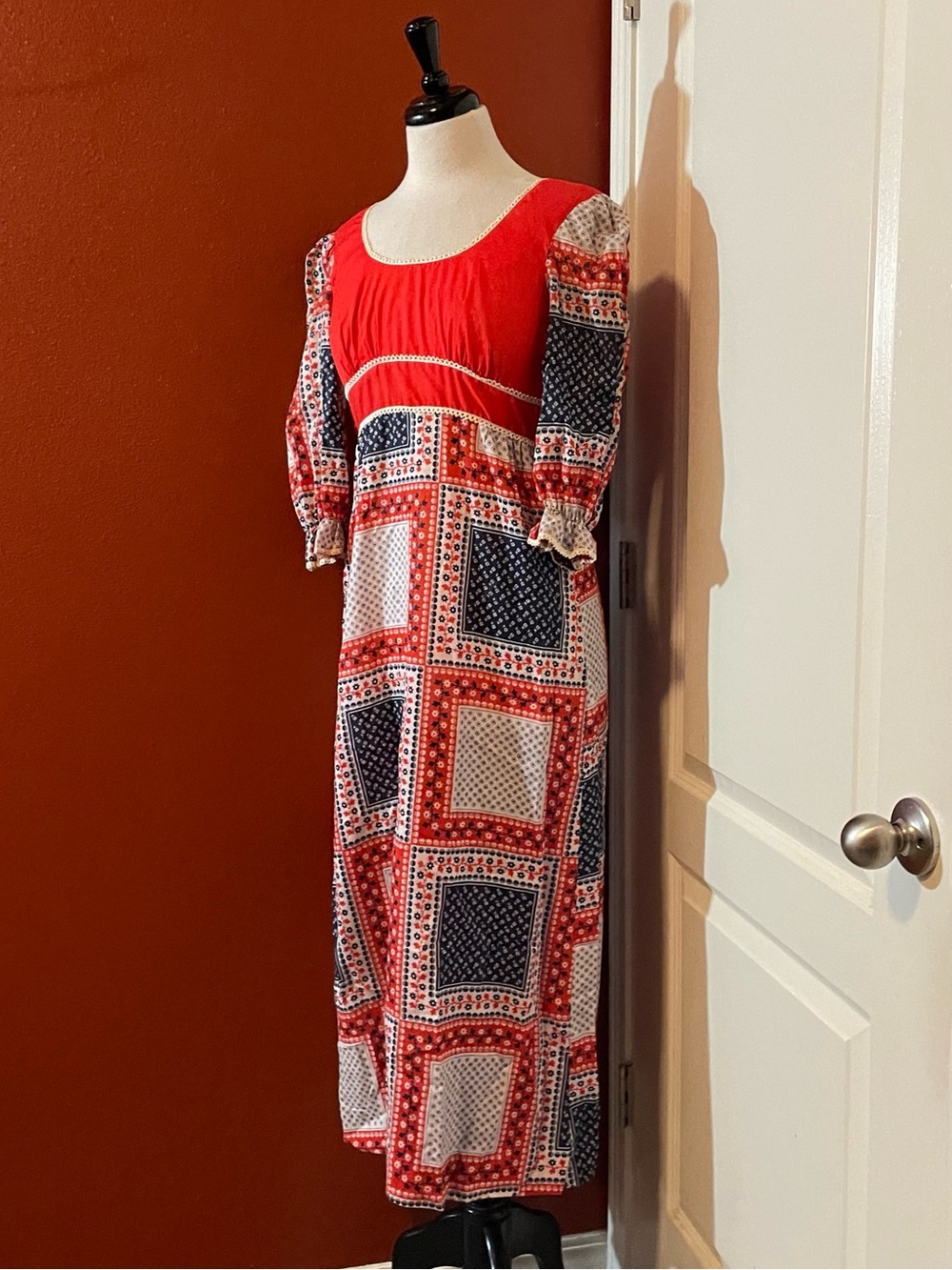 Vintage Unbranded Women’s 70’s Prairie Geometric Patchwork Bodice Maxi Dress